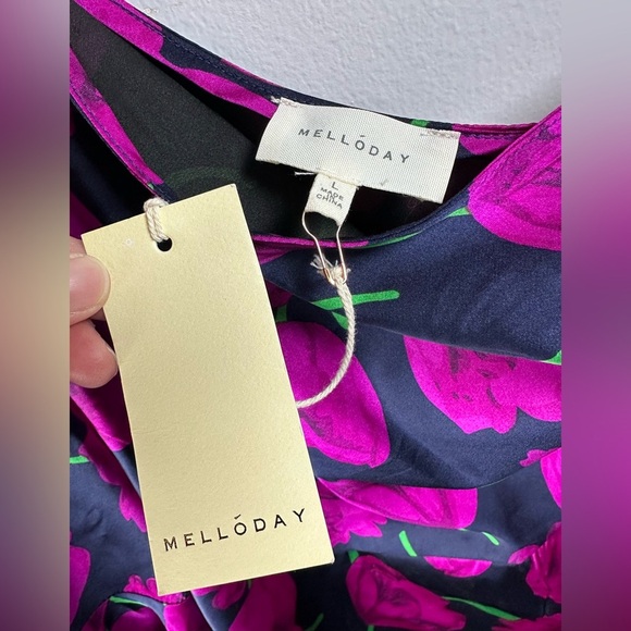 MELLODAY Pink and Navy Floral One Shoulder Ruffled Dress size Large - Picture 4 of 10